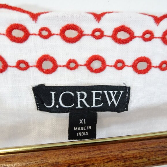 J. Crew Embroidered Tunic Linen Red White Size XL Boxy V-Neck Flowy Peasant - Picture 5 of 9